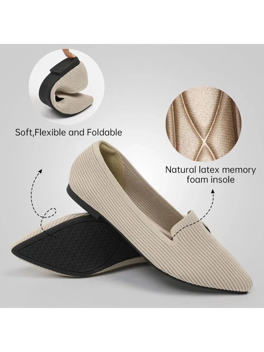 Women's Beige Pointed Toe Knit Ballet Flats Washable Important Work Shoes